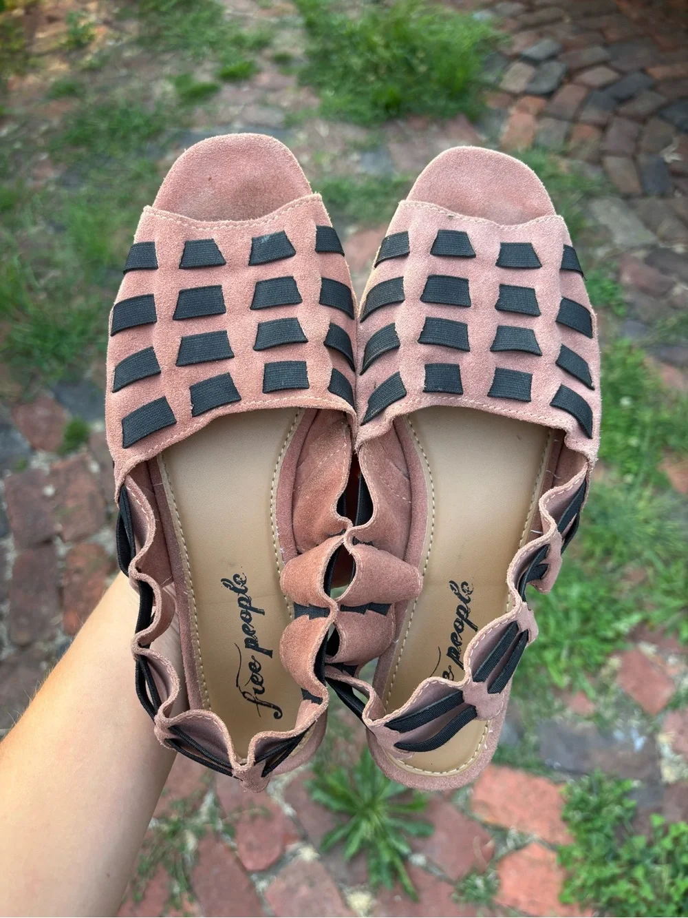 Free People Pink Suede Open-Weave Sandals with Black Straps